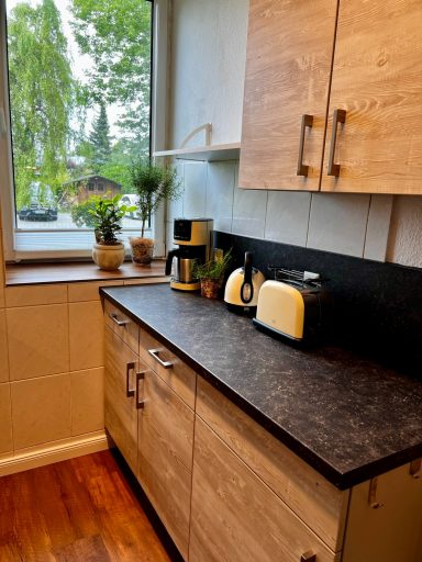 Moderne Küche mit Holzschränken, Kaffeemaschine, Wasserkocher und Pflanzen am Fenster.